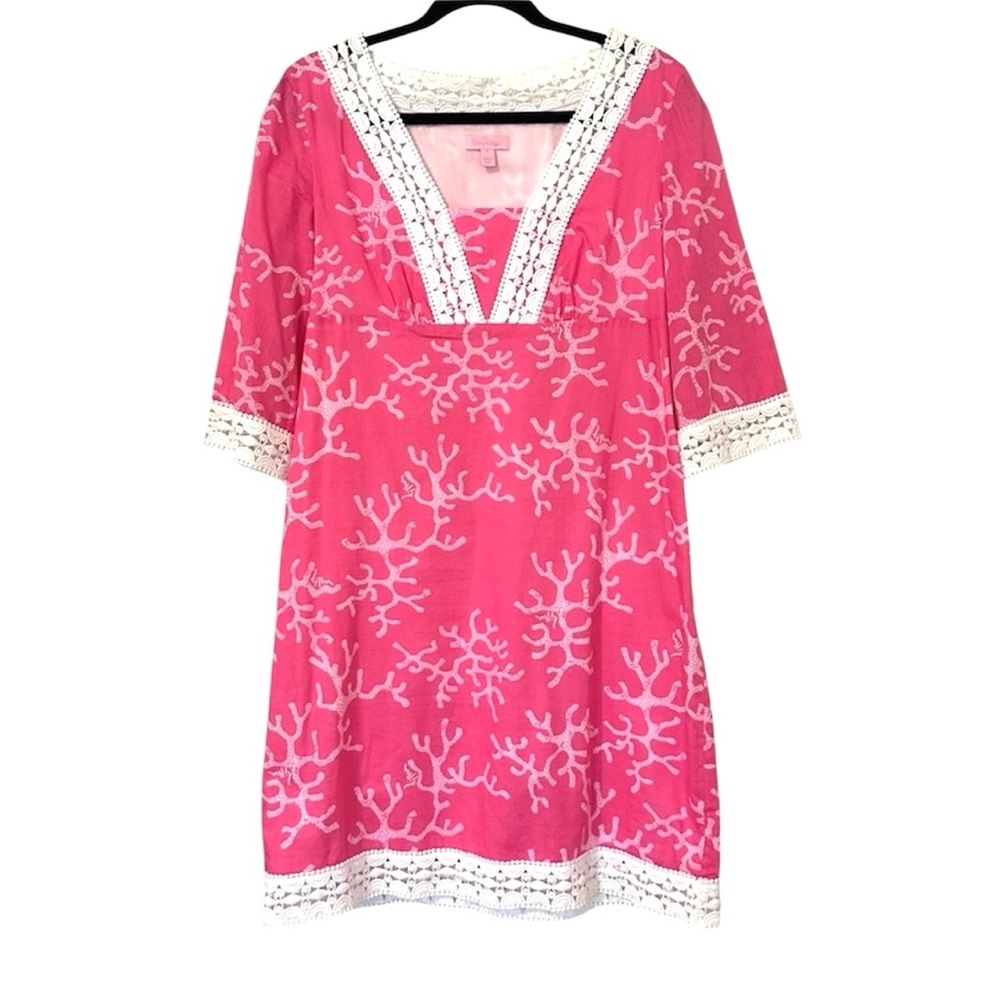 Lilly Pulitzer Coral Print Crochet Lace Trim Tunic Dress Womens 6 Pink White
